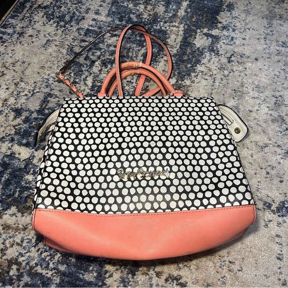 Betsey Johnson Curtsy Black & White Polka Dot Coral Bow Satchel - Picture 6 of 13